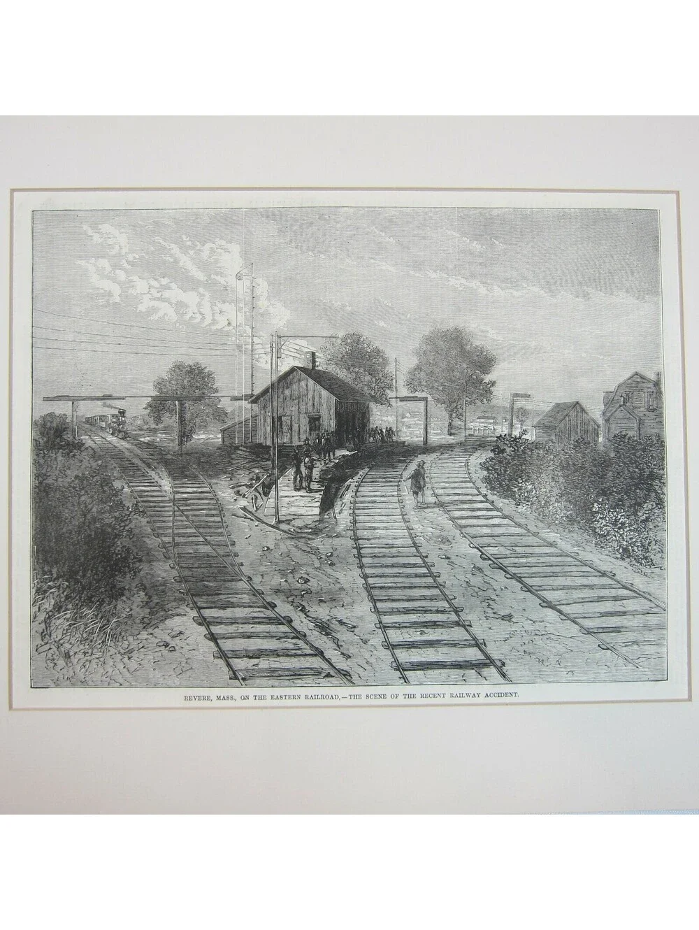 Antique 1871 Wood Engraved Print Revere Massachusetts Railroad Train Wreck Scene